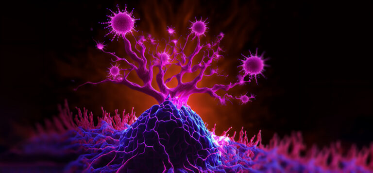 Tumor microenvironment concept with cancer cells, T-Cells, nanoparticles, cancer associated fibroblast layer of tumor microenvironment normal cells, molecules, and blood vessels